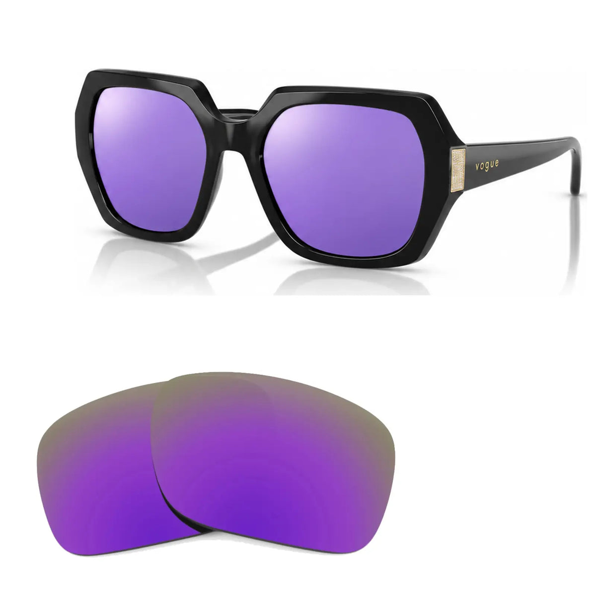 Vogue VO5612SB replacement lenses in mirrored purple, angled view of the frame with the pair of lenses below · ReFramed