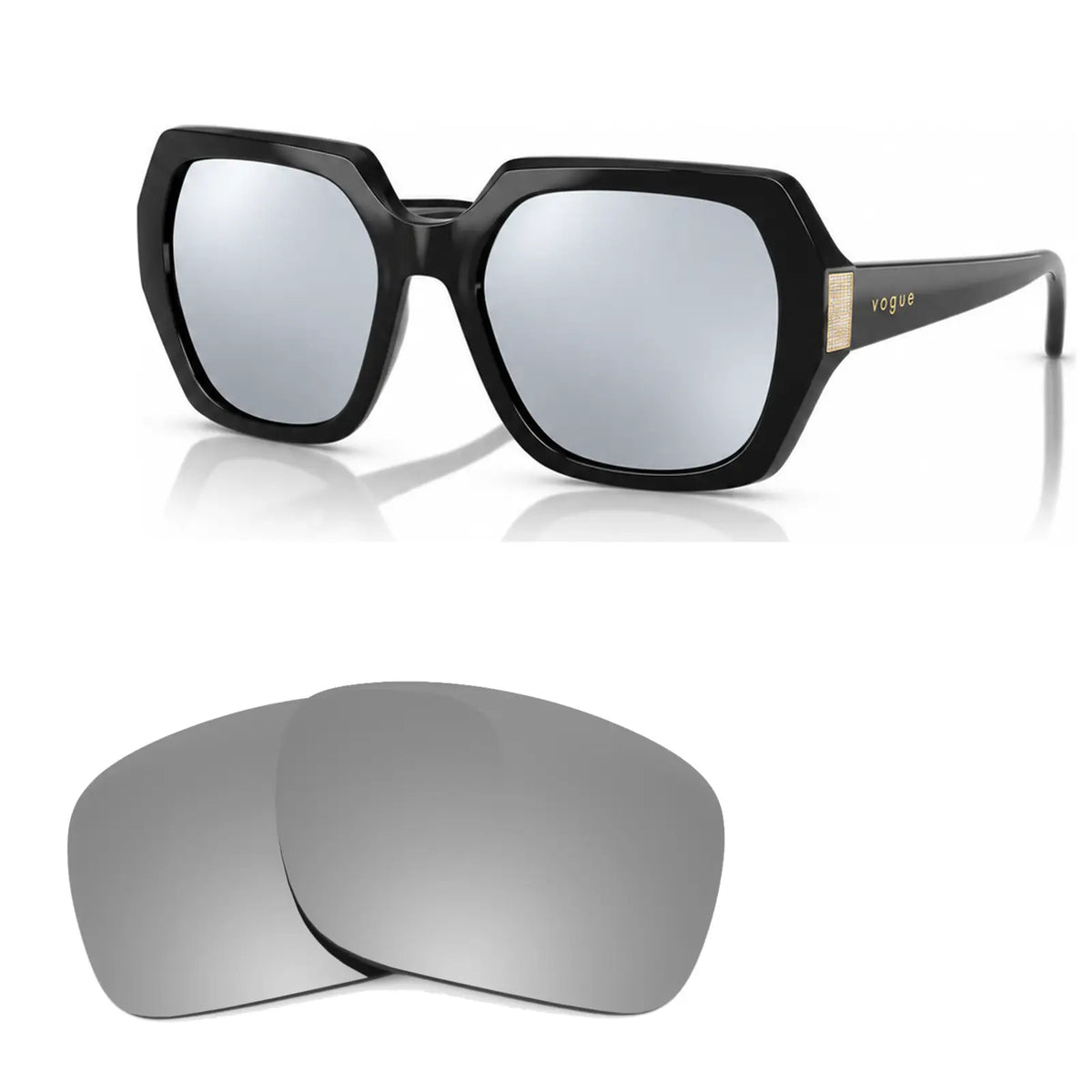 Vogue VO5612SB replacement lenses in mirrored silver, angled view of the frame with the pair of lenses below · ReFramed