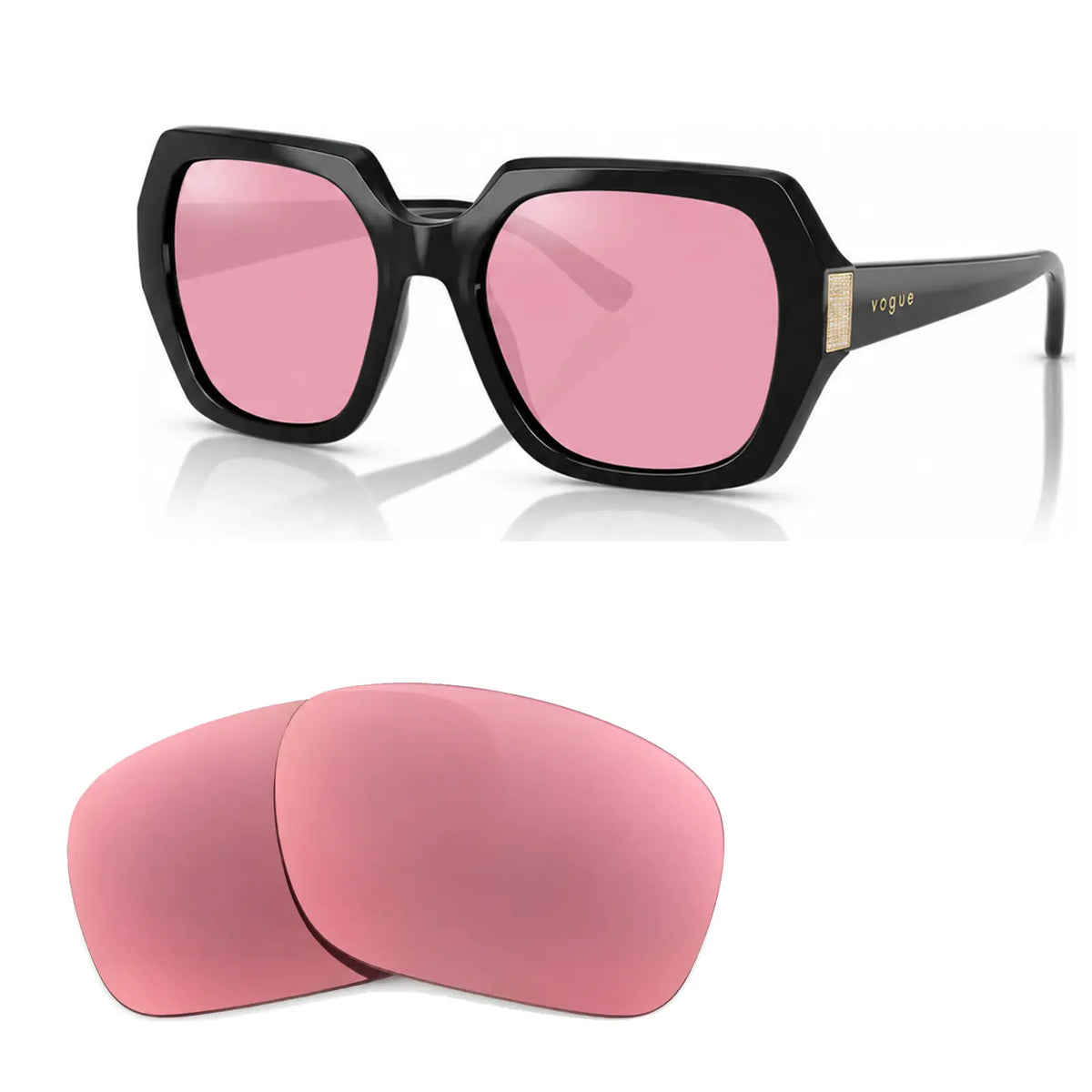Vogue VO5612SB replacement lenses in pink, angled view of the frame with the pair of lenses below · ReFramed