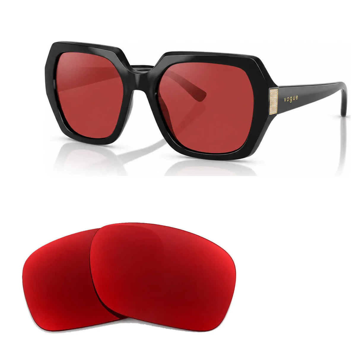 Vogue VO5612SB replacement lenses in red, angled view of the frame with the pair of lenses below · ReFramed