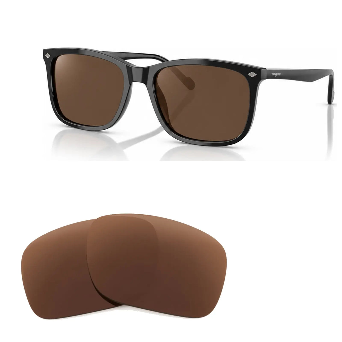 Vogue VO5618S replacement lenses in brown, angled view of the frame with the pair of lenses below · ReFramed