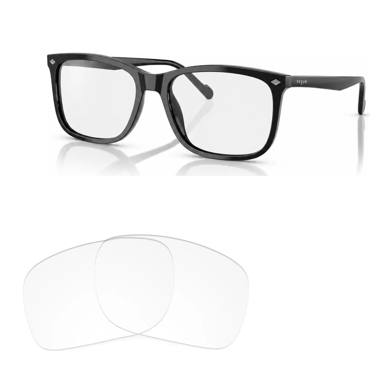 Vogue VO5618S replacement lenses in crystal clear, angled view of the frame with the pair of lenses below · ReFramed