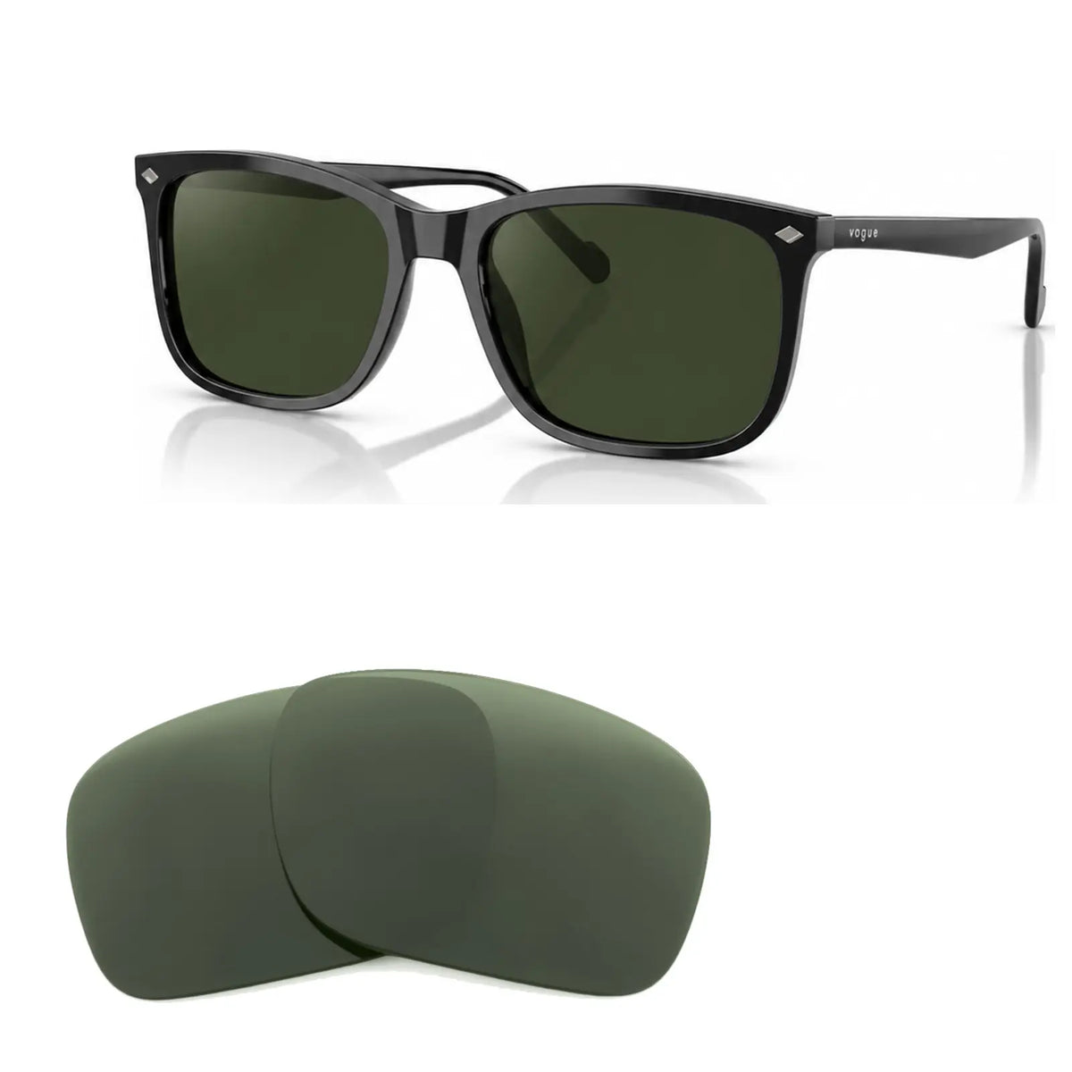 Vogue VO5618S replacement lenses in G15 green, angled view of the frame with the pair of lenses below · ReFramed