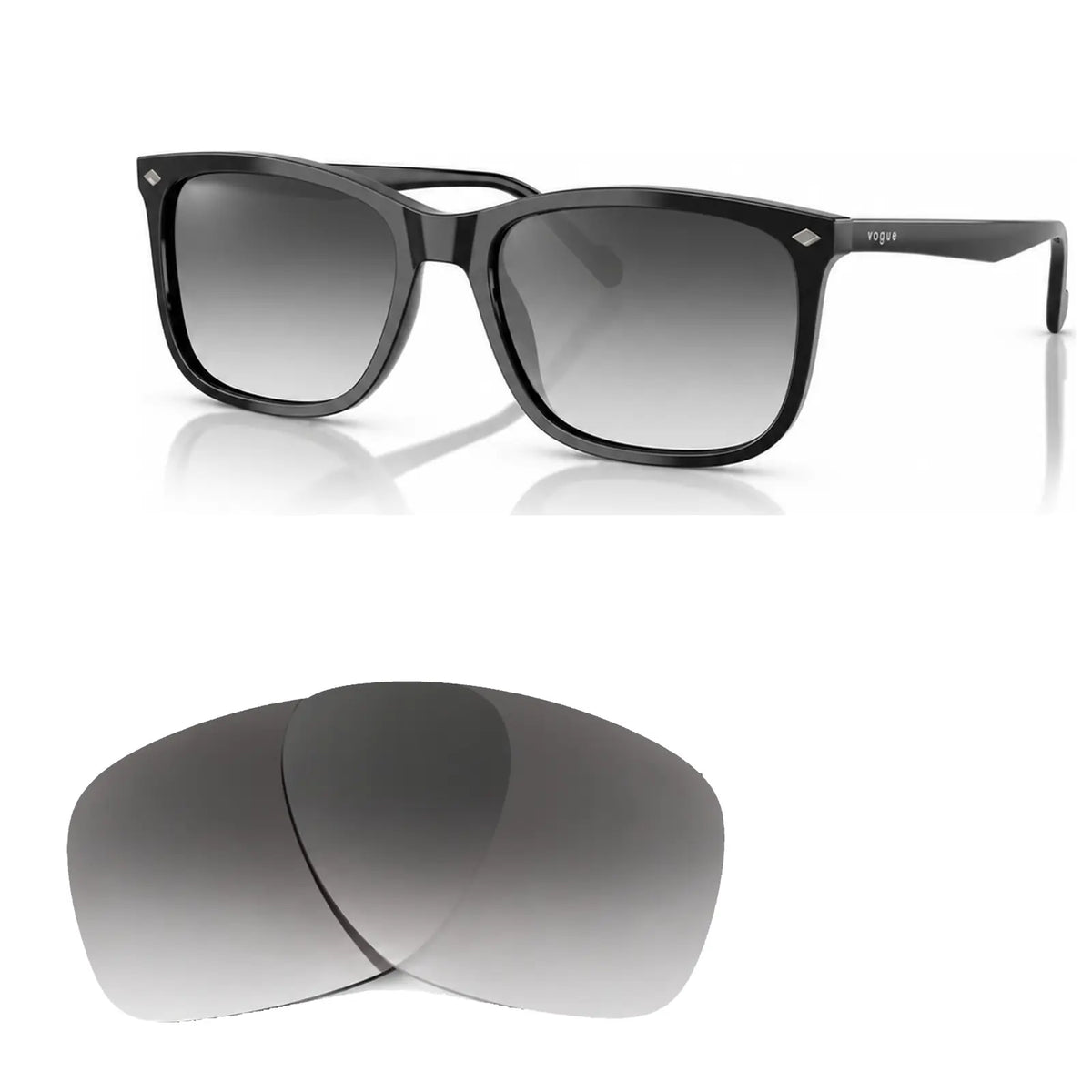 Vogue VO5618S replacement lenses in gradient gray, angled view of the frame with the pair of lenses below · ReFramed