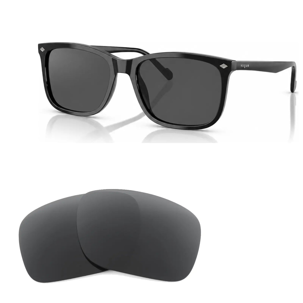 Vogue VO5618S replacement lenses in gray, angled view of the frame with the pair of lenses below · ReFramed