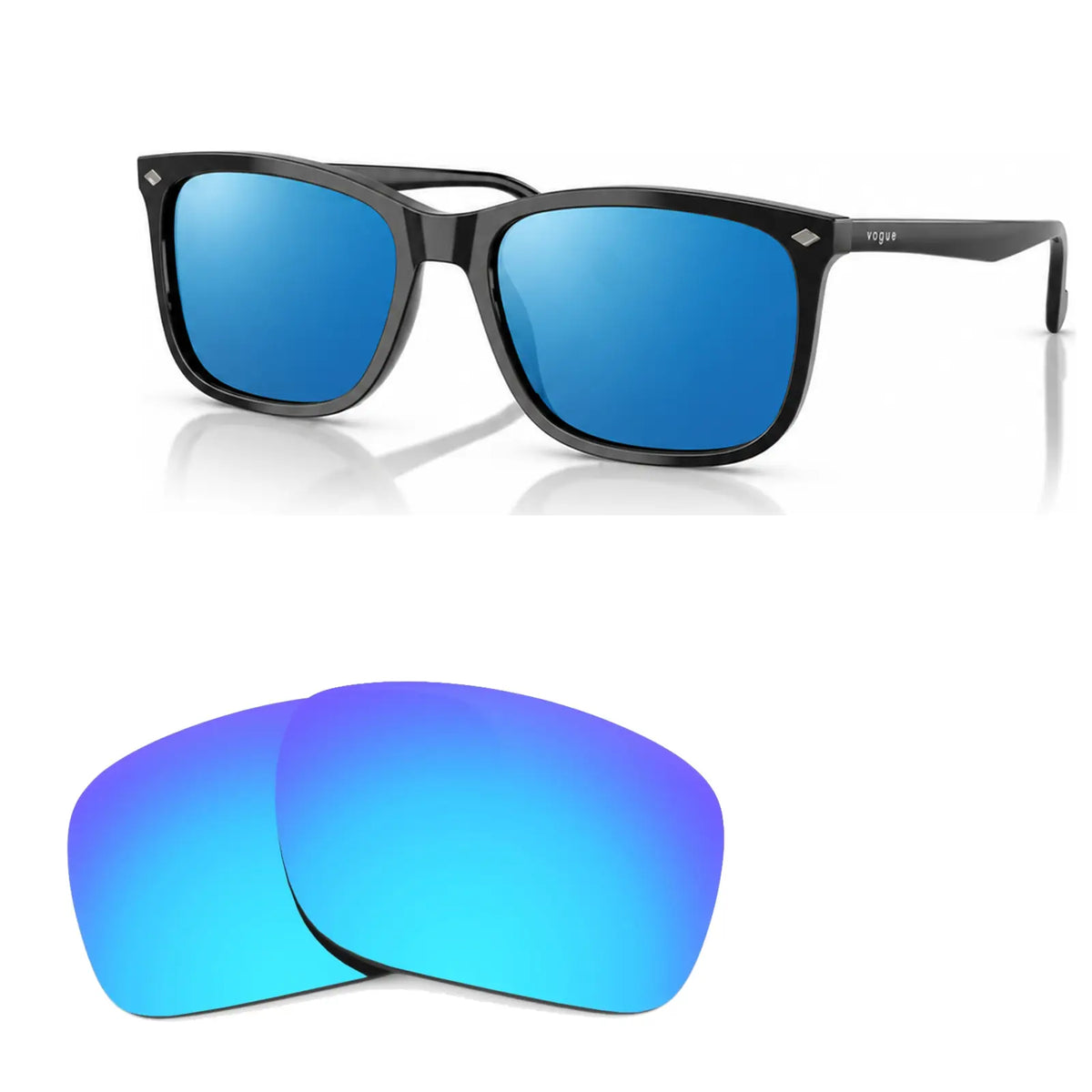 Vogue VO5618S replacement lenses in mirrored blue, angled view of the frame with the pair of lenses below · ReFramed