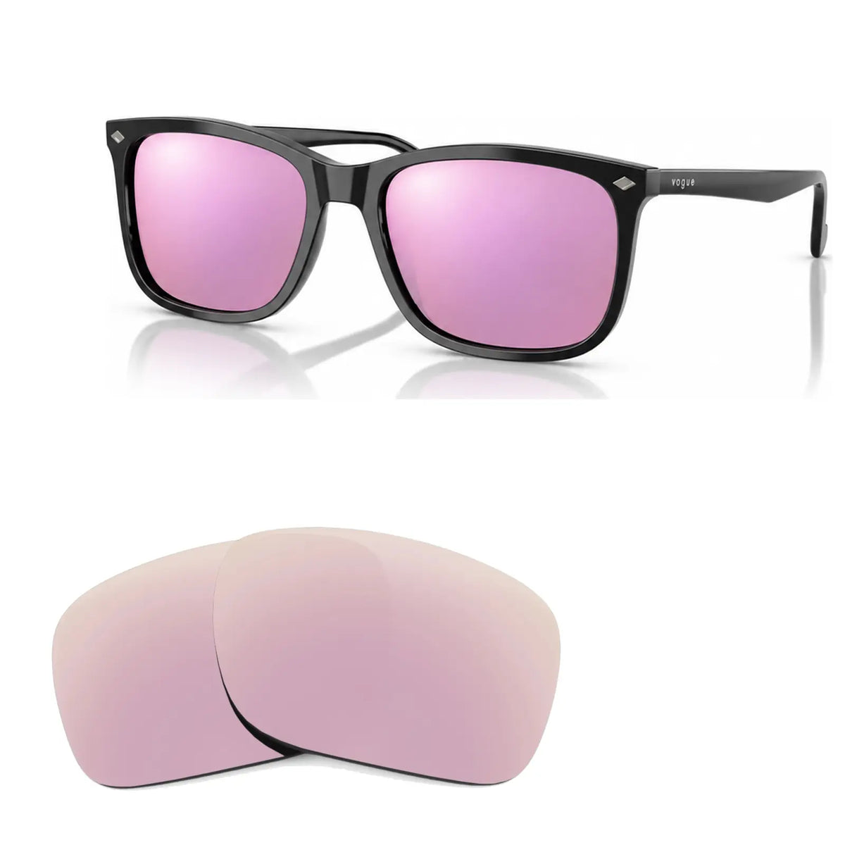 Vogue VO5618S replacement lenses in mirrored pink, angled view of the frame with the pair of lenses below · ReFramed