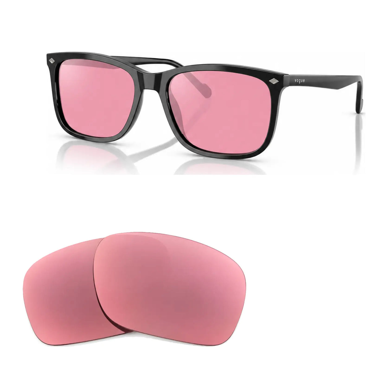 Vogue VO5618S replacement lenses in pink, angled view of the frame with the pair of lenses below · ReFramed