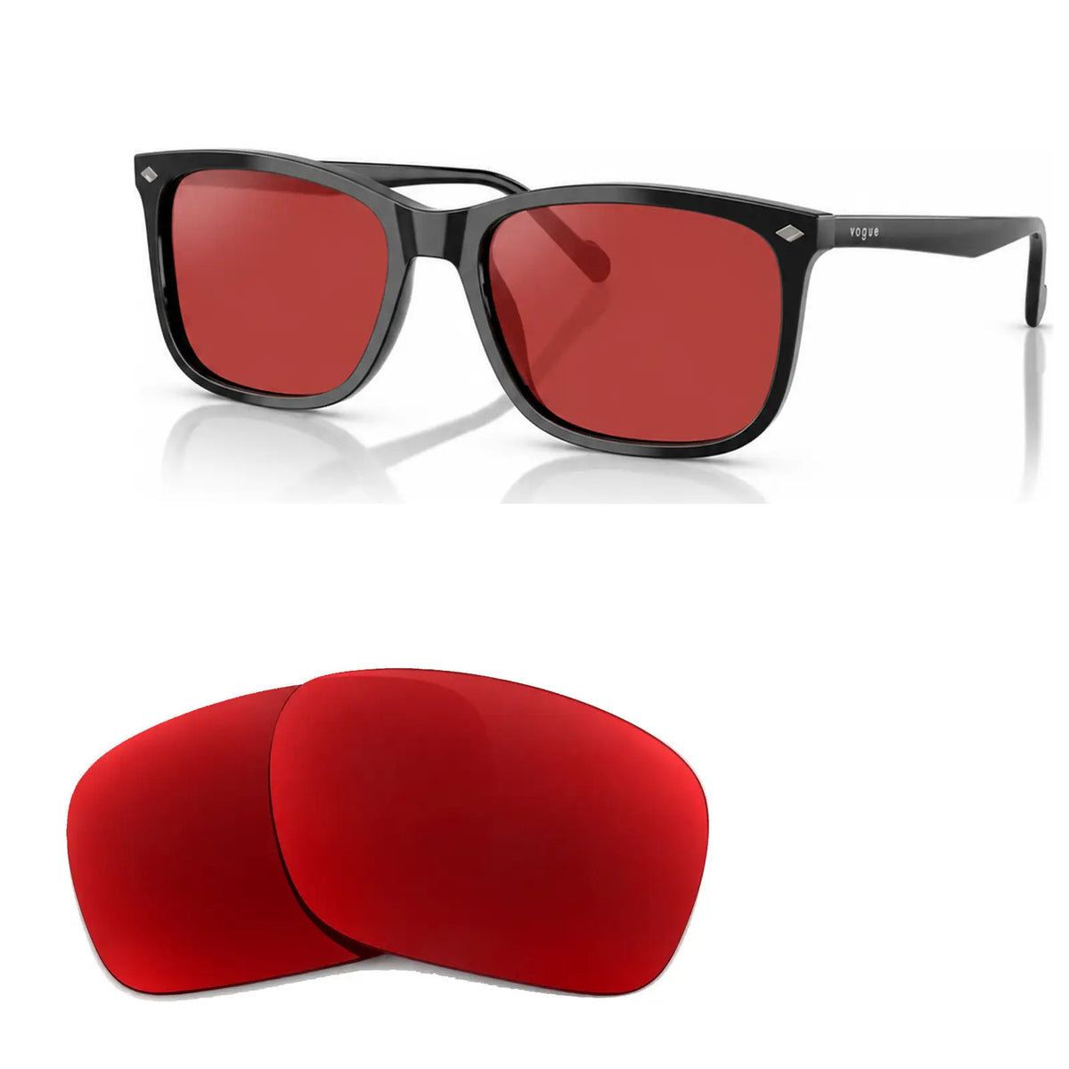 Vogue VO5618S replacement lenses in red, angled view of the frame with the pair of lenses below · ReFramed