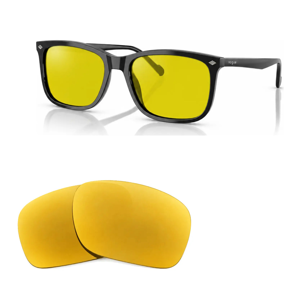Vogue VO5618S replacement lenses in yellow, angled view of the frame with the pair of lenses below · ReFramed