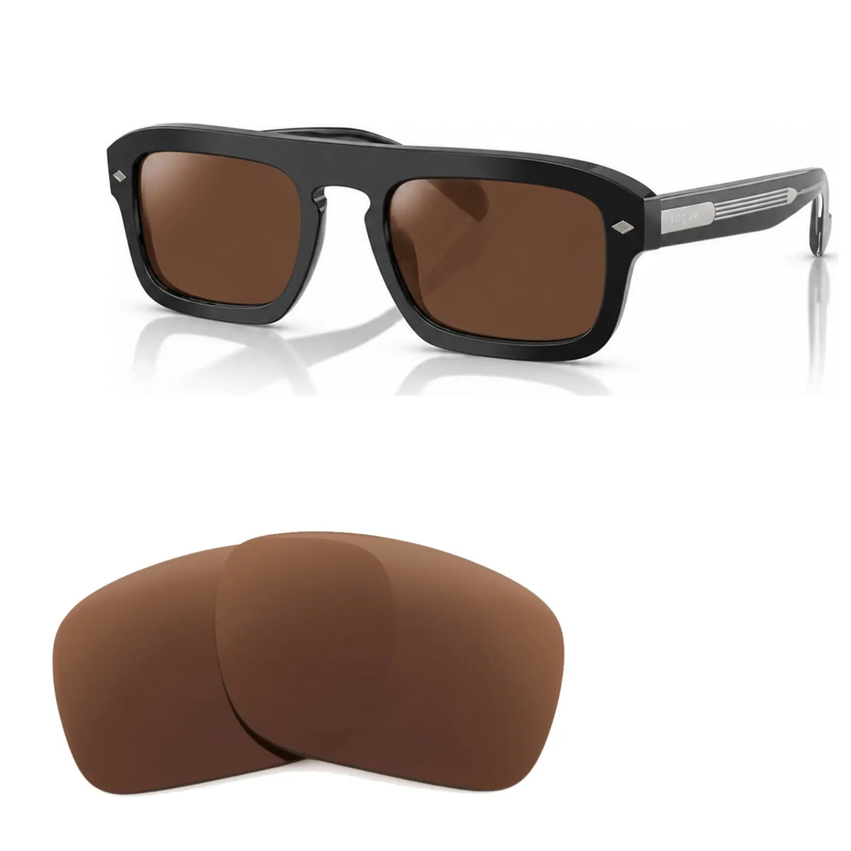 Vogue VO5620S replacement lenses in brown, angled view of the frame with the pair of lenses below · ReFramed