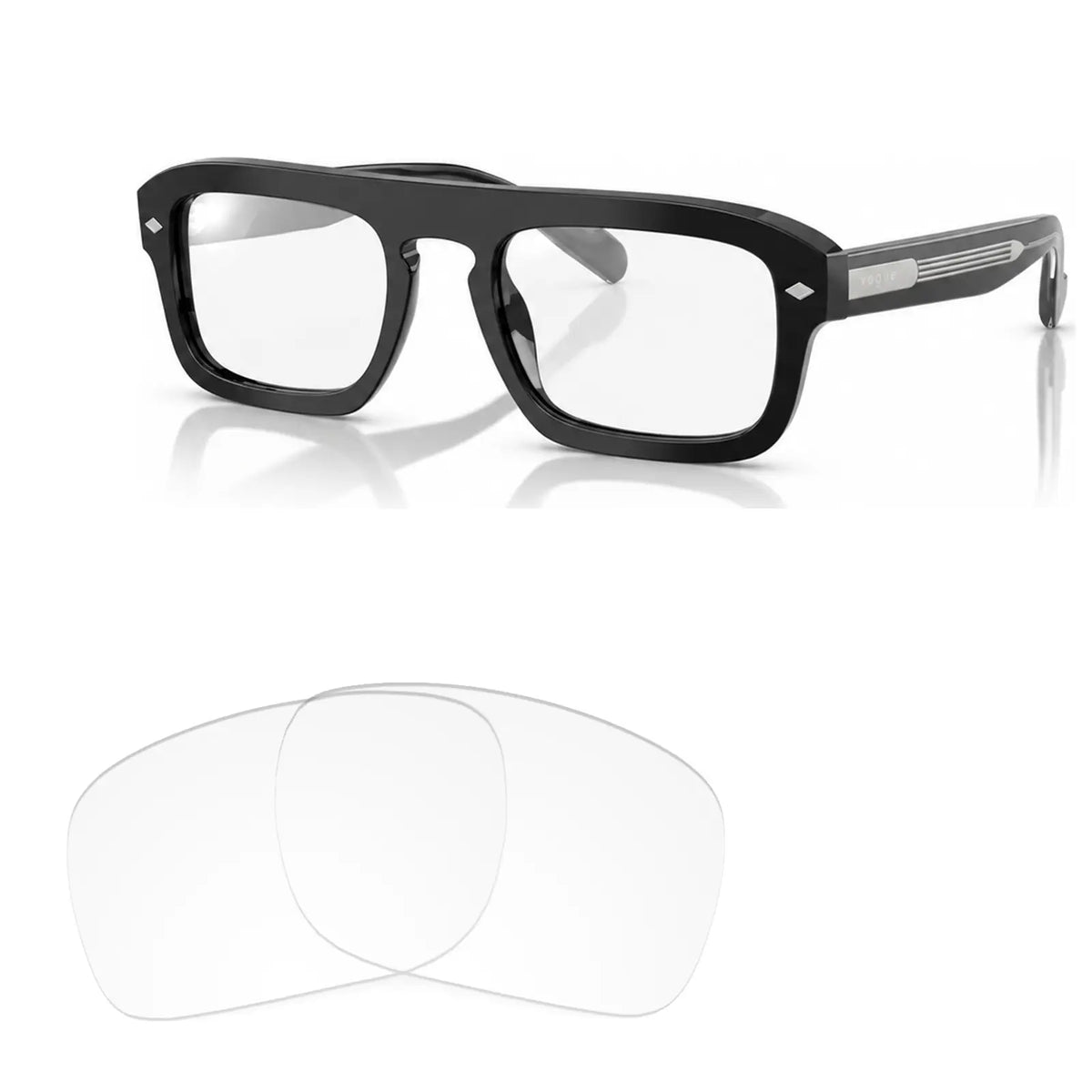 Vogue VO5620S replacement lenses in crystal clear, angled view of the frame with the pair of lenses below · ReFramed