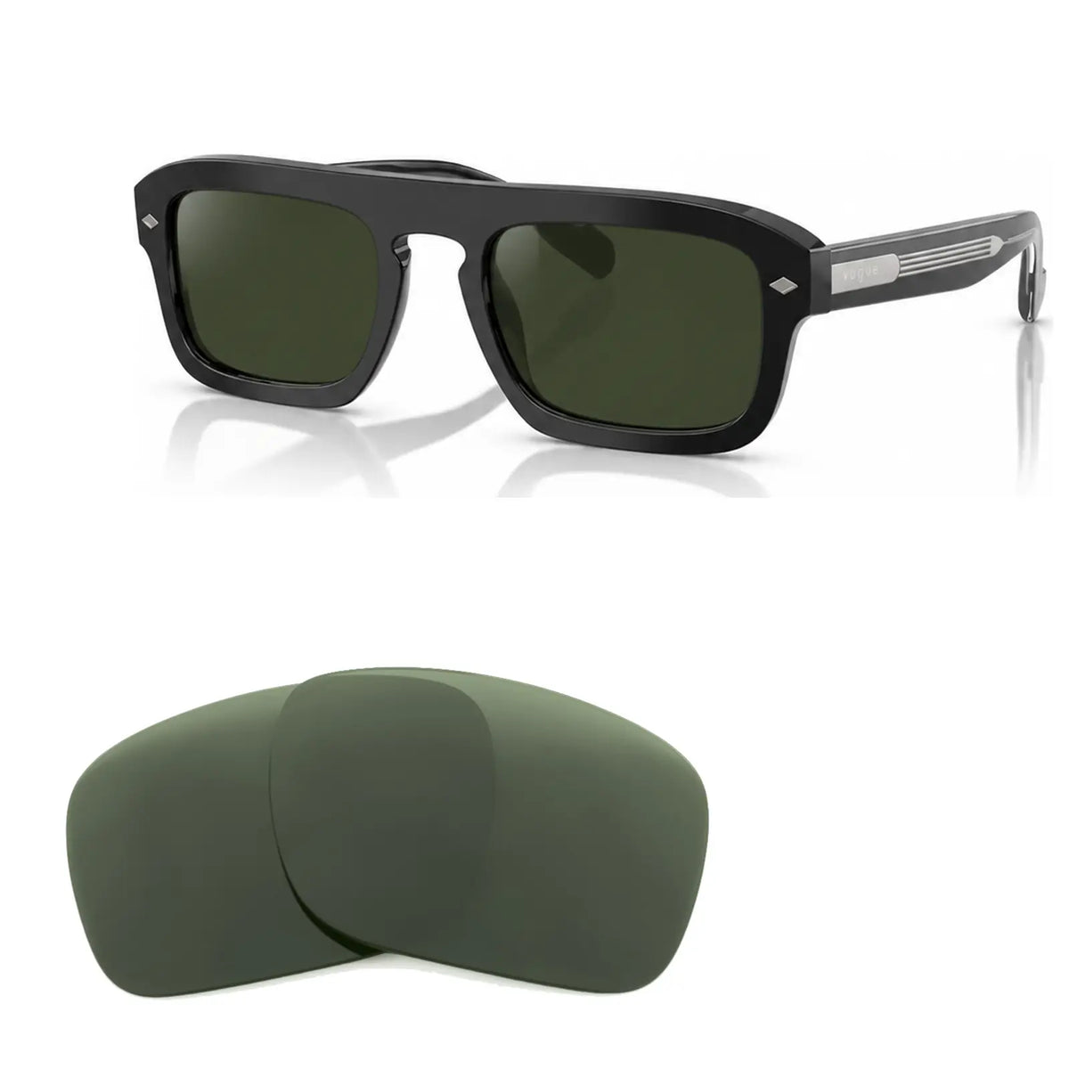 Vogue VO5620S replacement lenses in G15 green, angled view of the frame with the pair of lenses below · ReFramed