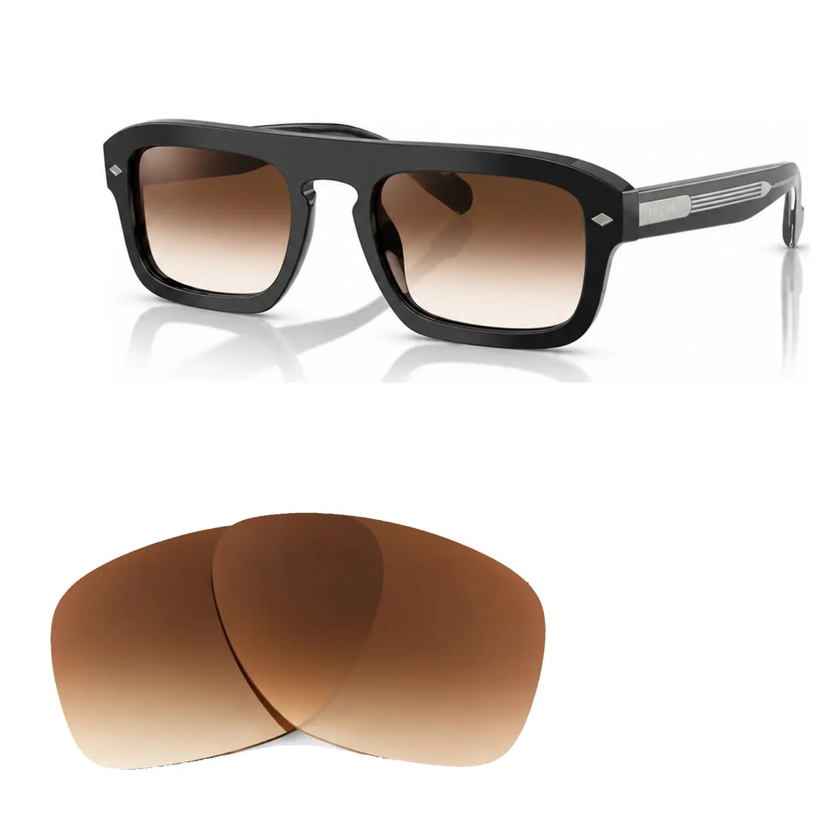 Vogue VO5620S replacement lenses in gradient brown, angled view of the frame with the pair of lenses below · ReFramed