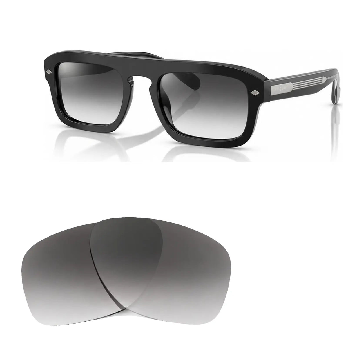 Vogue VO5620S replacement lenses in gradient gray, angled view of the frame with the pair of lenses below · ReFramed