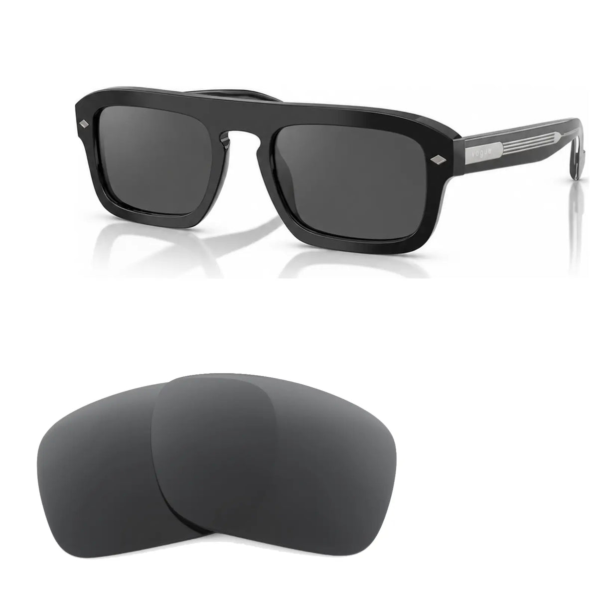 Vogue VO5620S replacement lenses in gray, angled view of the frame with the pair of lenses below · ReFramed