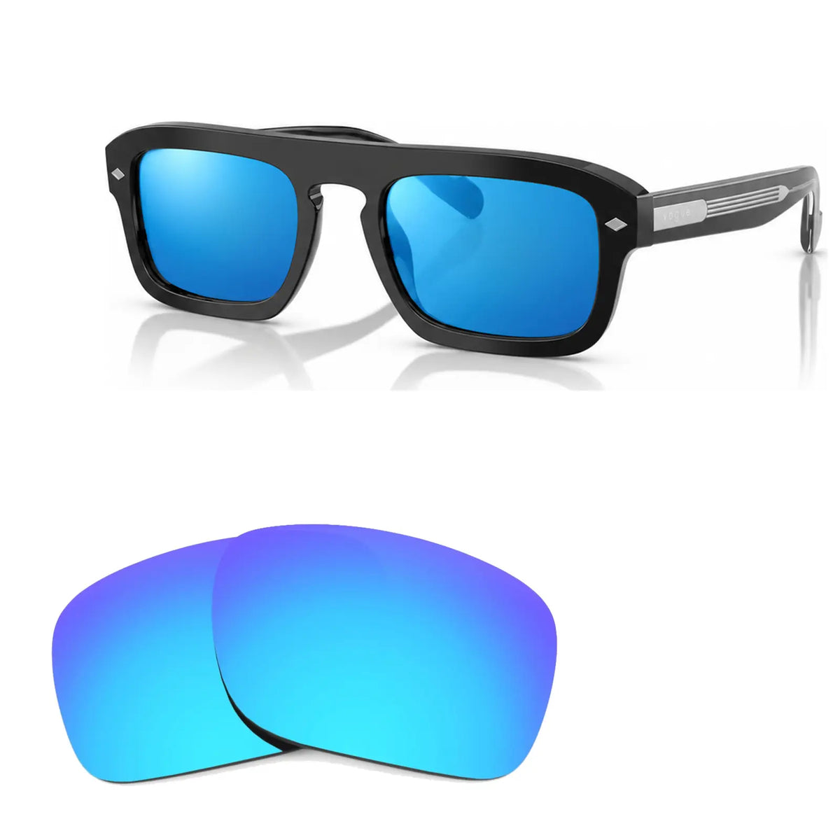 Vogue VO5620S replacement lenses in mirrored blue, angled view of the frame with the pair of lenses below · ReFramed