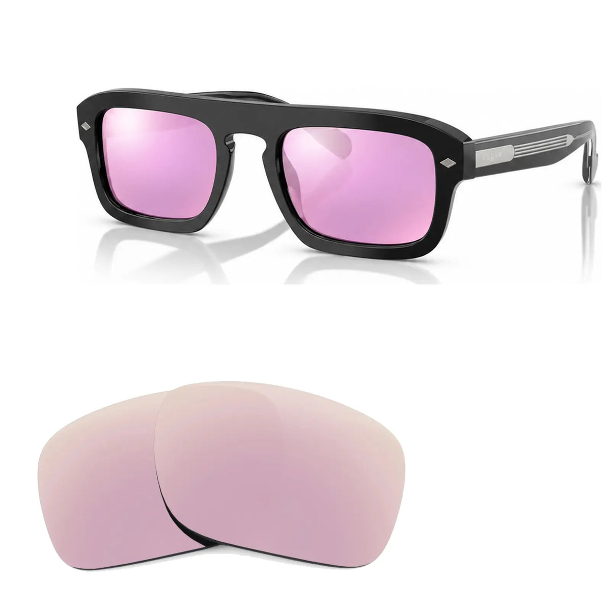 Vogue VO5620S replacement lenses in mirrored pink, angled view of the frame with the pair of lenses below · ReFramed