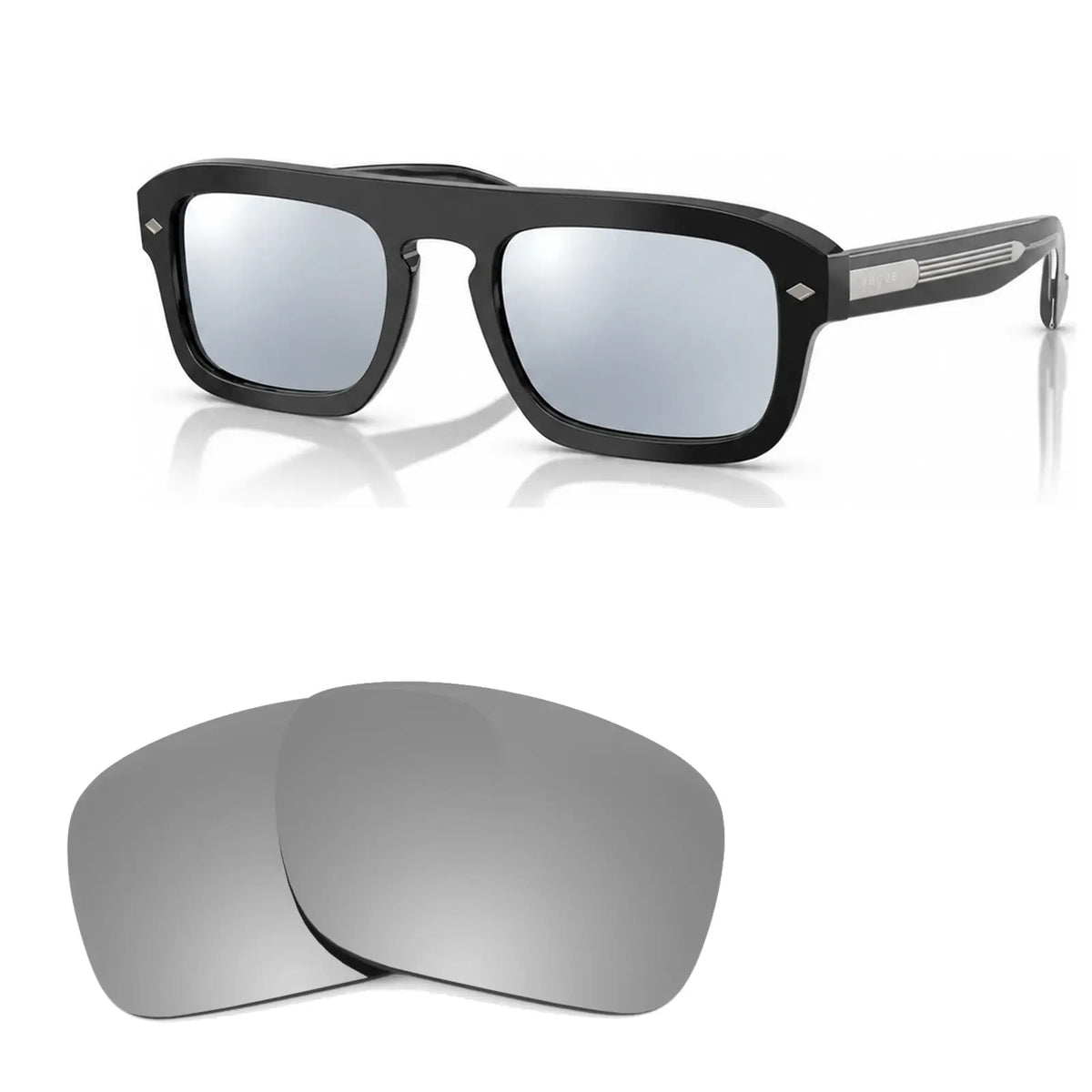 Vogue VO5620S replacement lenses in mirrored silver, angled view of the frame with the pair of lenses below · ReFramed