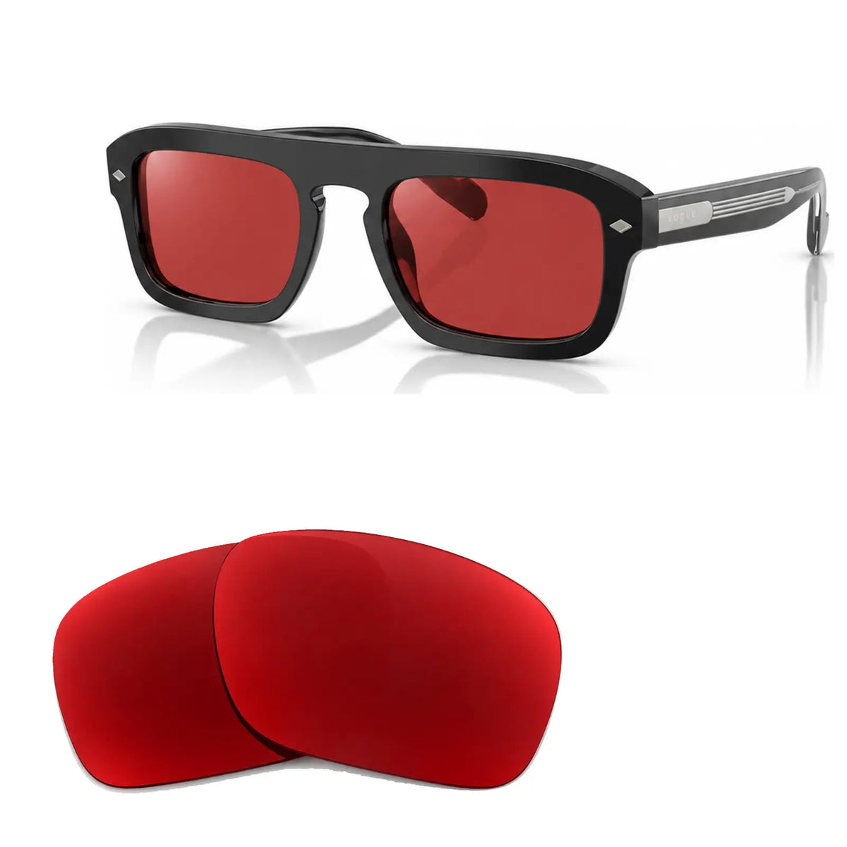 Vogue VO5620S replacement lenses in red, angled view of the frame with the pair of lenses below · ReFramed