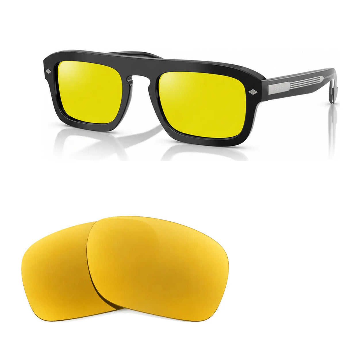 Vogue VO5620S replacement lenses in yellow, angled view of the frame with the pair of lenses below · ReFramed