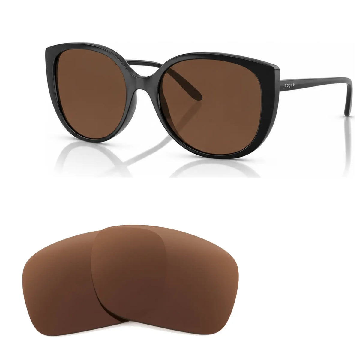 Vogue VO5623S replacement lenses in brown, angled view of the frame with the pair of lenses below · ReFramed