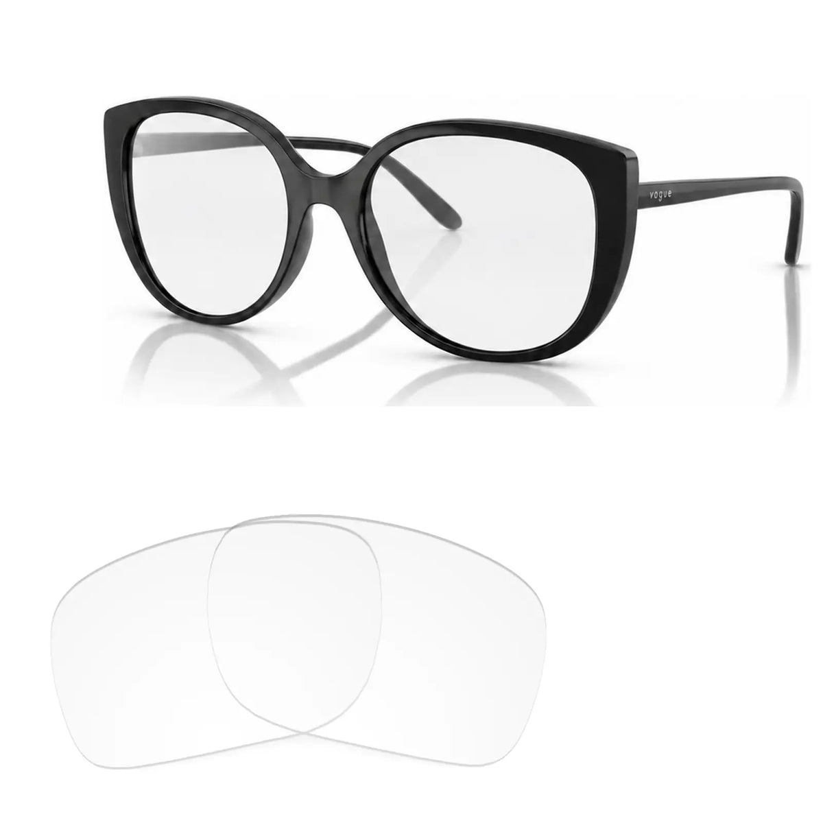 Vogue VO5623S replacement lenses in crystal clear, angled view of the frame with the pair of lenses below · ReFramed