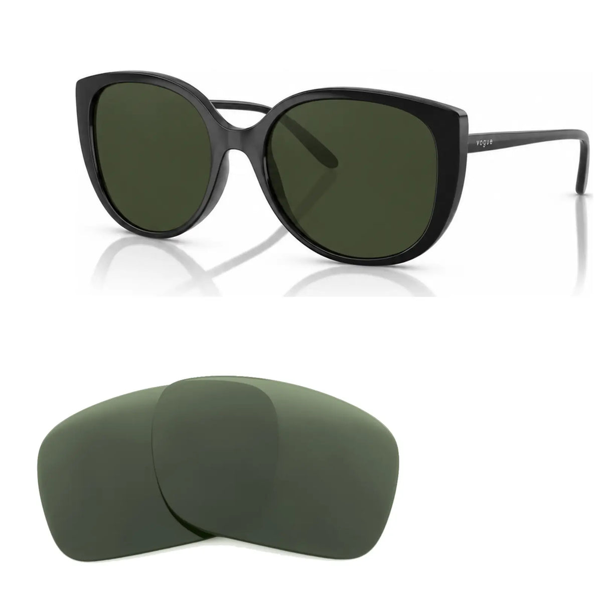 Vogue VO5623S replacement lenses in G15 green, angled view of the frame with the pair of lenses below · ReFramed