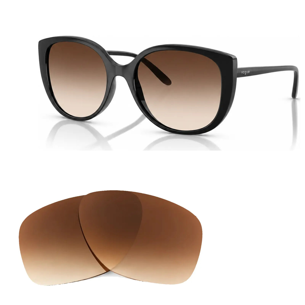 Vogue VO5623S replacement lenses in gradient brown, angled view of the frame with the pair of lenses below · ReFramed