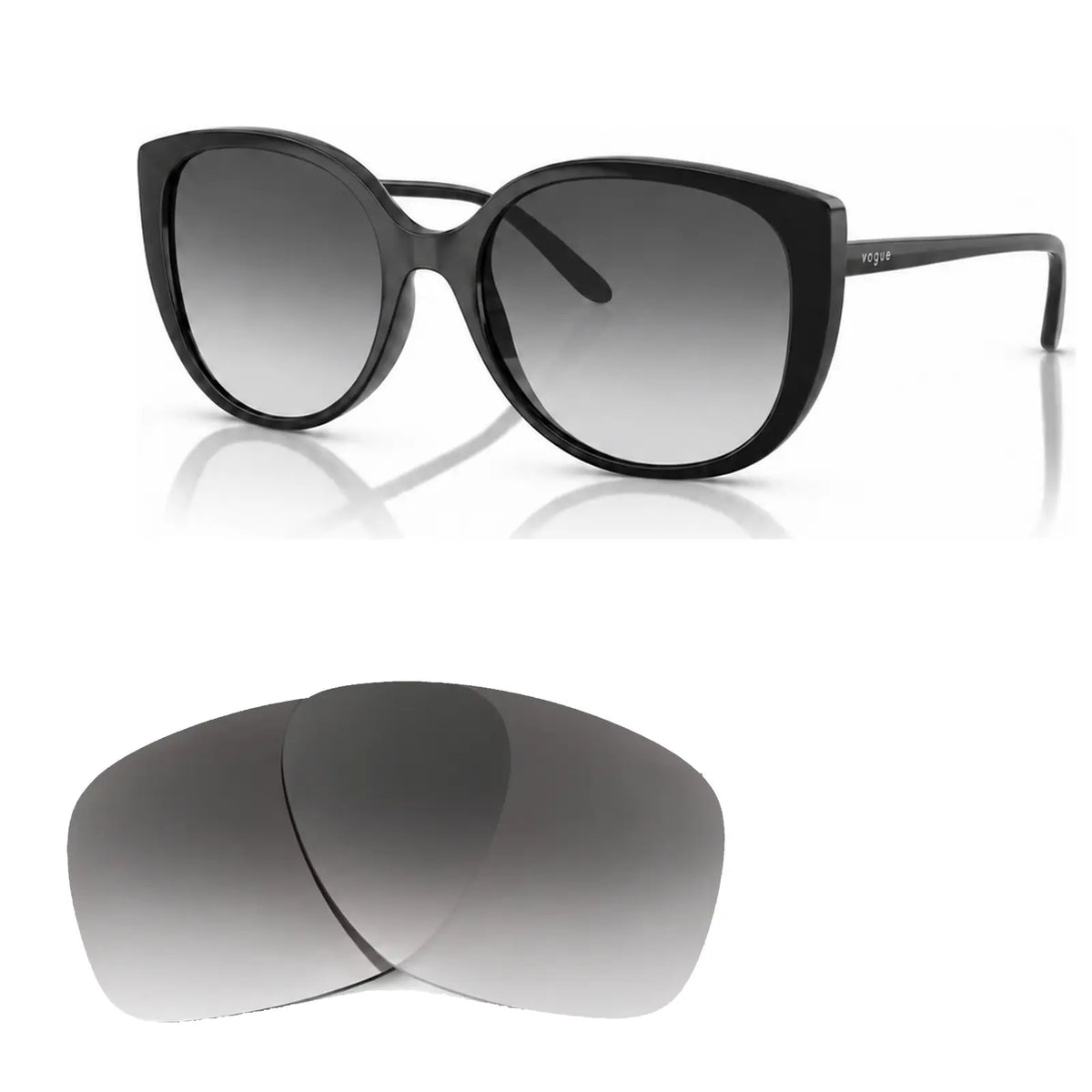 Vogue VO5623S replacement lenses in gradient gray, angled view of the frame with the pair of lenses below · ReFramed