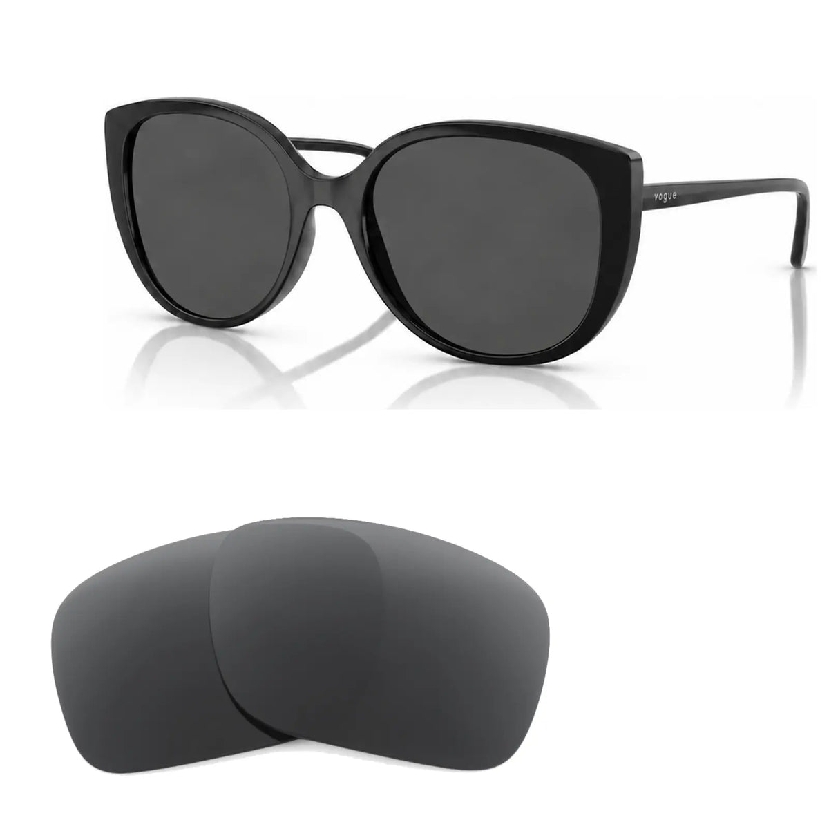 Vogue VO5623S replacement lenses in gray, angled view of the frame with the pair of lenses below · ReFramed