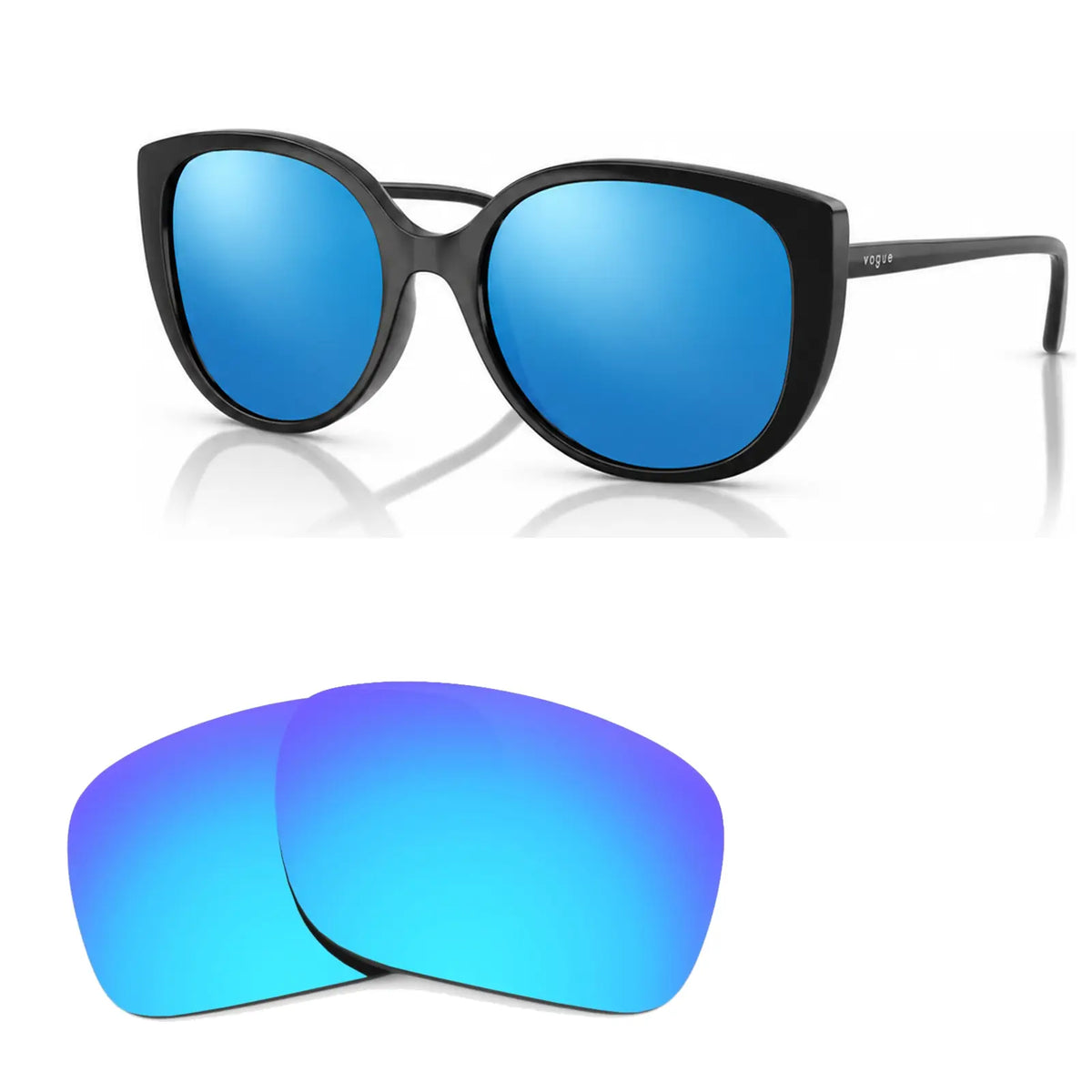 Vogue VO5623S replacement lenses in mirrored blue, angled view of the frame with the pair of lenses below · ReFramed