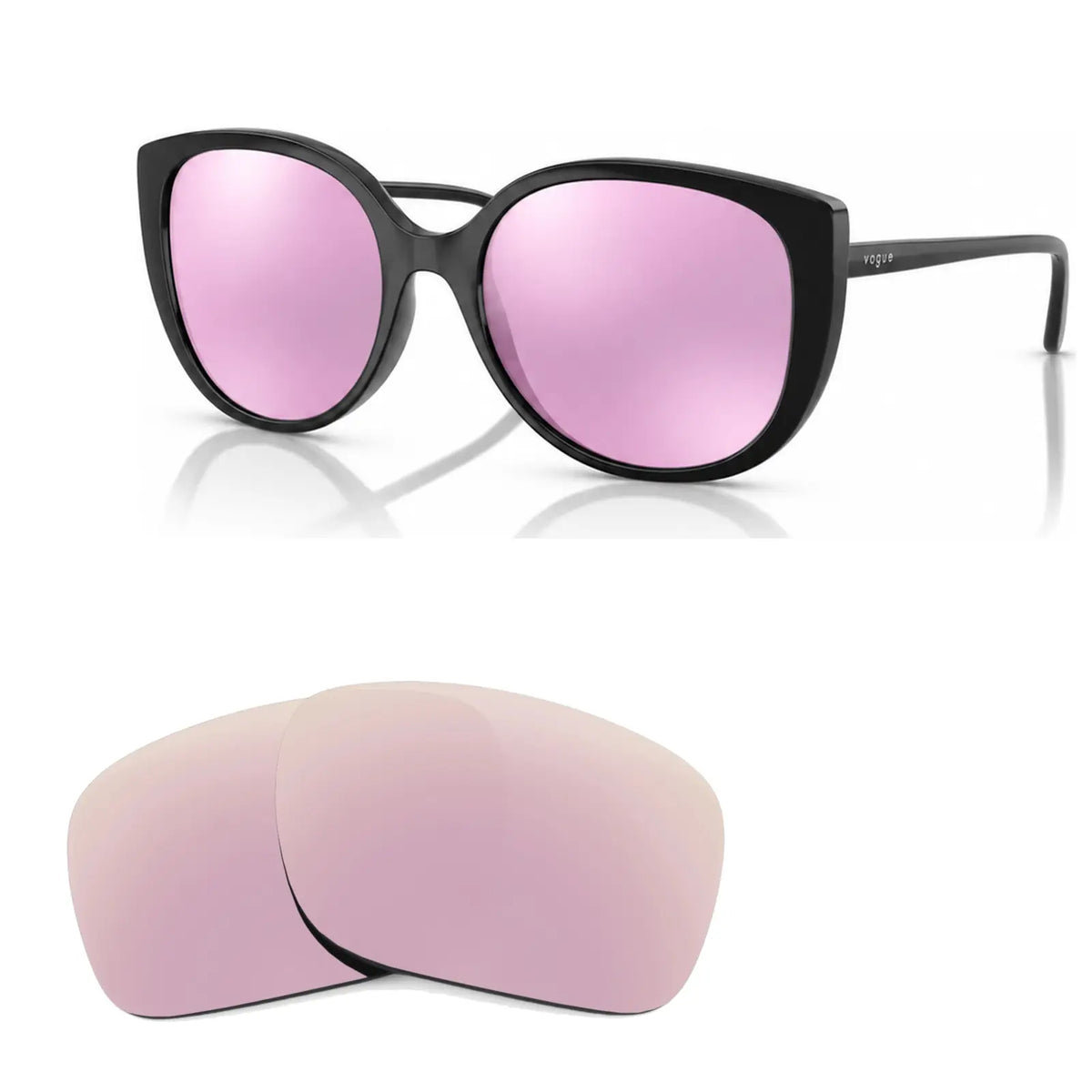 Vogue VO5623S replacement lenses in mirrored pink, angled view of the frame with the pair of lenses below · ReFramed