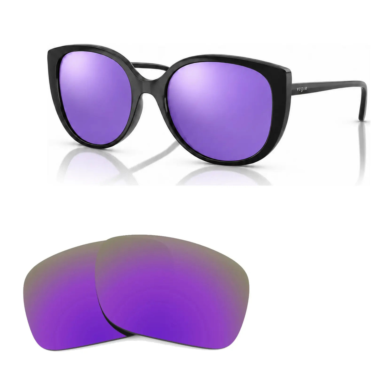 Vogue VO5623S replacement lenses in mirrored purple, angled view of the frame with the pair of lenses below · ReFramed