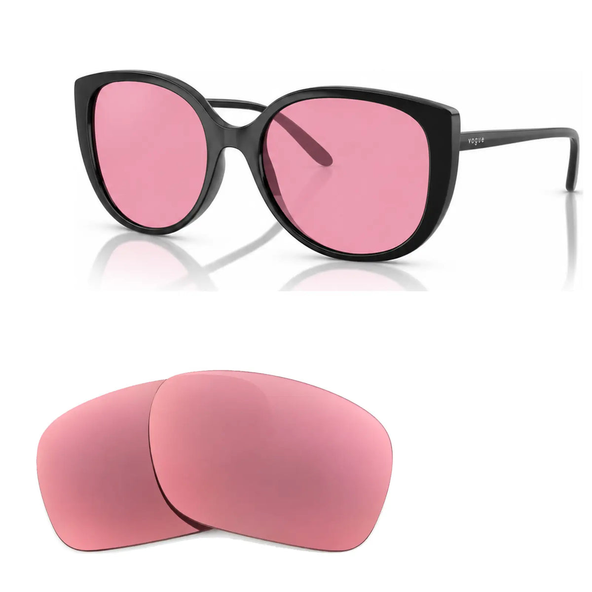 Vogue VO5623S replacement lenses in pink, angled view of the frame with the pair of lenses below · ReFramed
