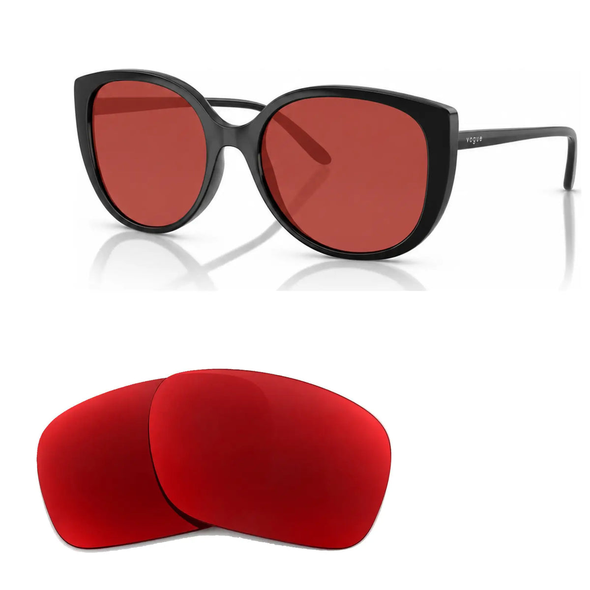 Vogue VO5623S replacement lenses in red, angled view of the frame with the pair of lenses below · ReFramed