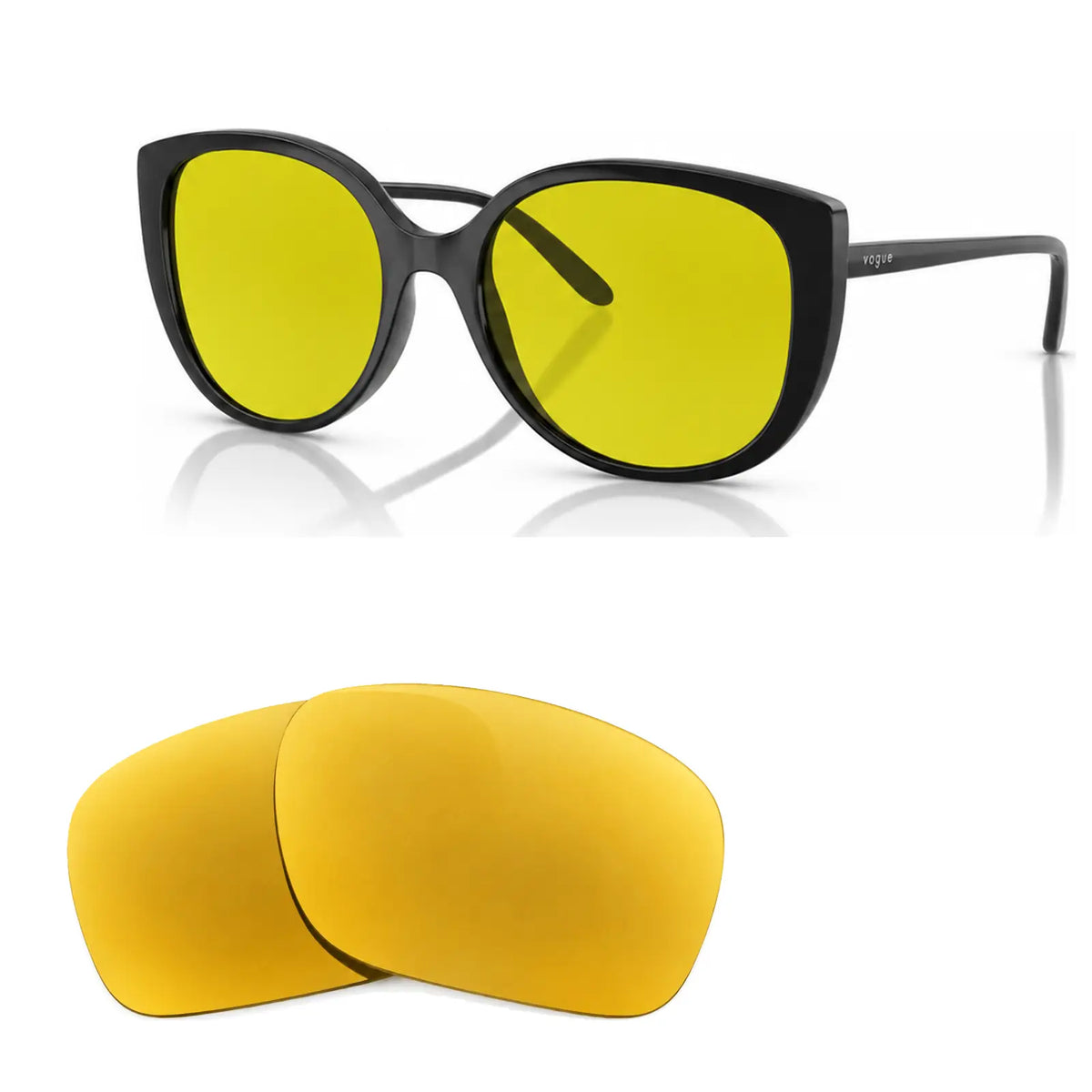 Vogue VO5623S replacement lenses in yellow, angled view of the frame with the pair of lenses below · ReFramed