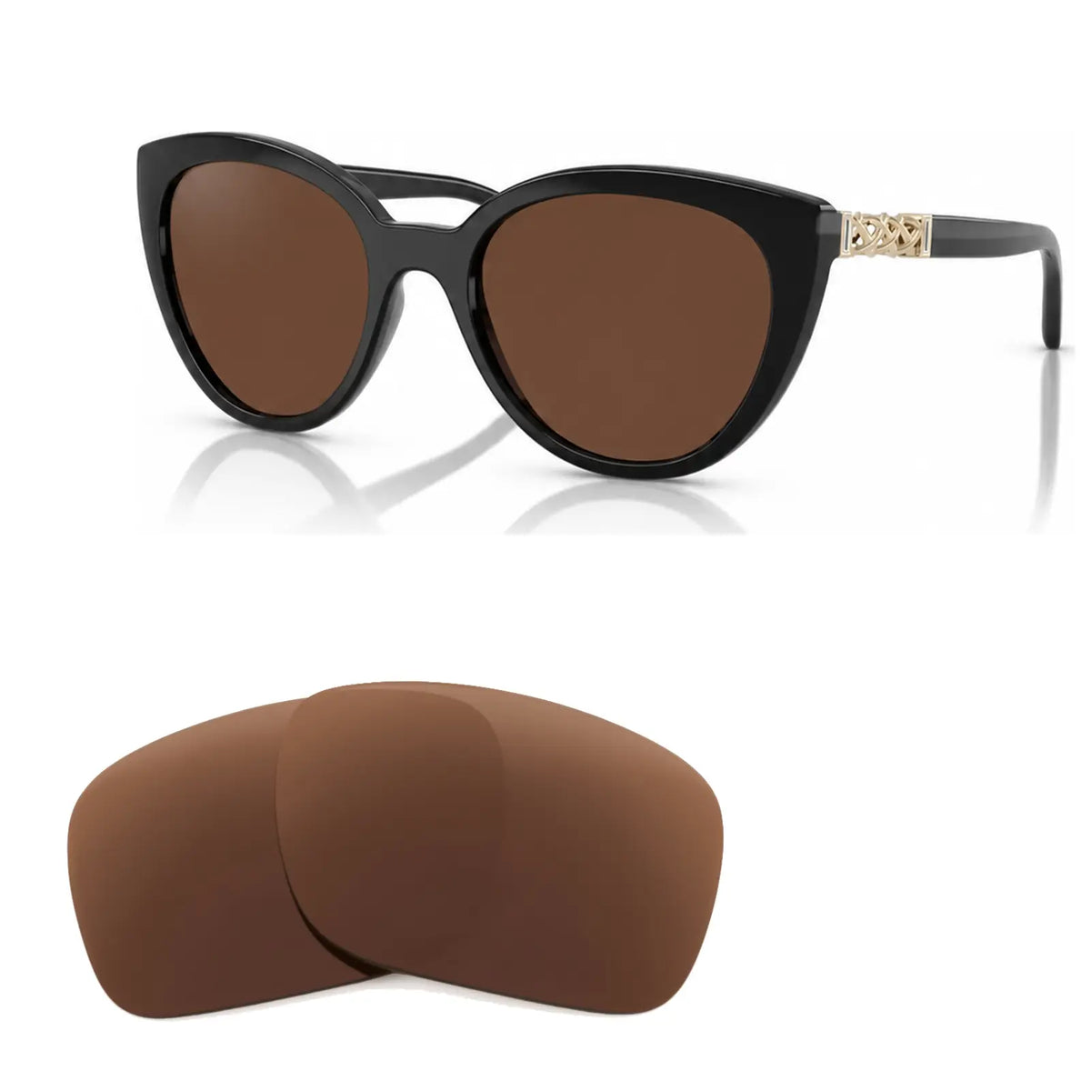 Vogue VO5634SB replacement lenses in brown, angled view of the frame with the pair of lenses below · ReFramed