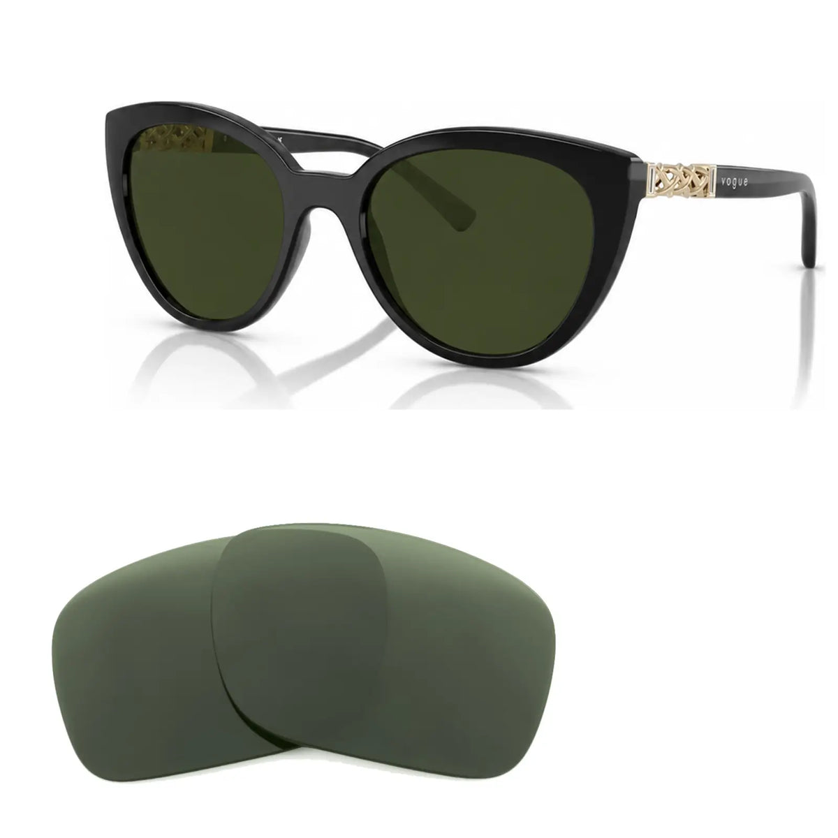Vogue VO5634SB replacement lenses in G15 green, angled view of the frame with the pair of lenses below · ReFramed