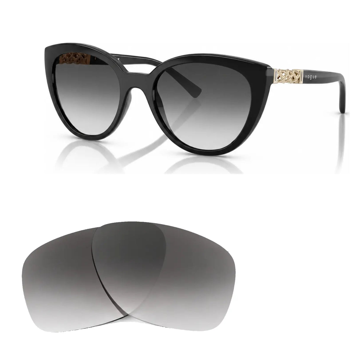 Vogue VO5634SB replacement lenses in gradient gray, angled view of the frame with the pair of lenses below · ReFramed