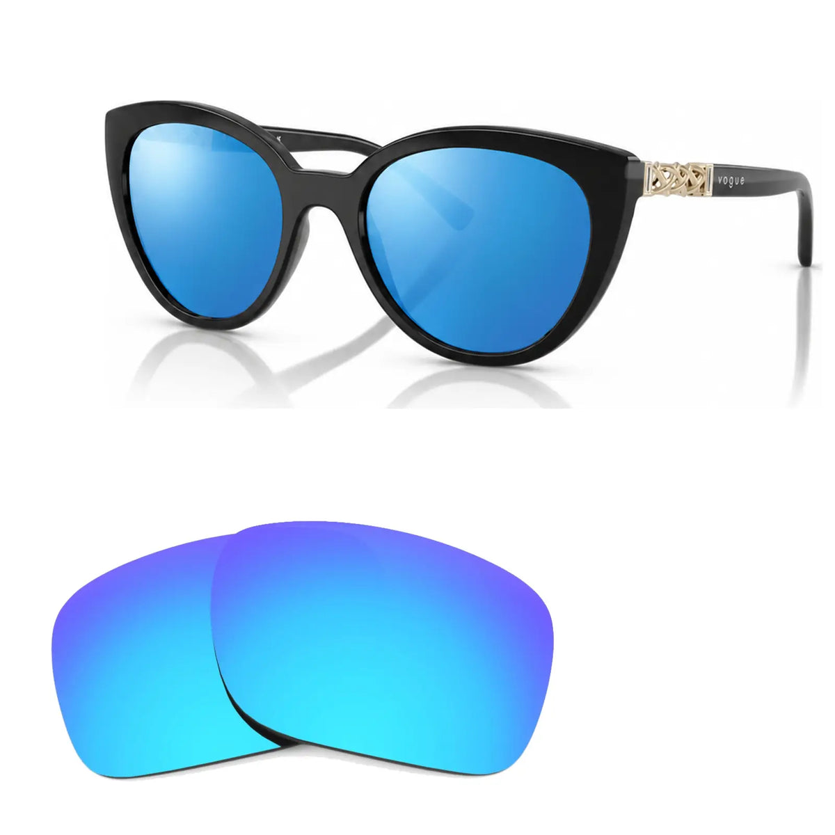 Vogue VO5634SB replacement lenses in mirrored blue, angled view of the frame with the pair of lenses below · ReFramed