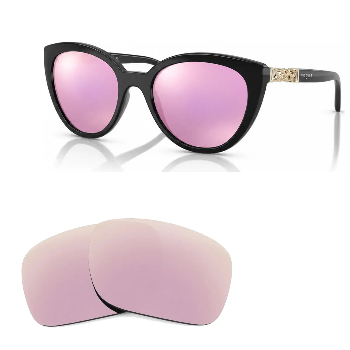 Vogue VO5634SB replacement lenses in mirrored pink, angled view of the frame with the pair of lenses below · ReFramed