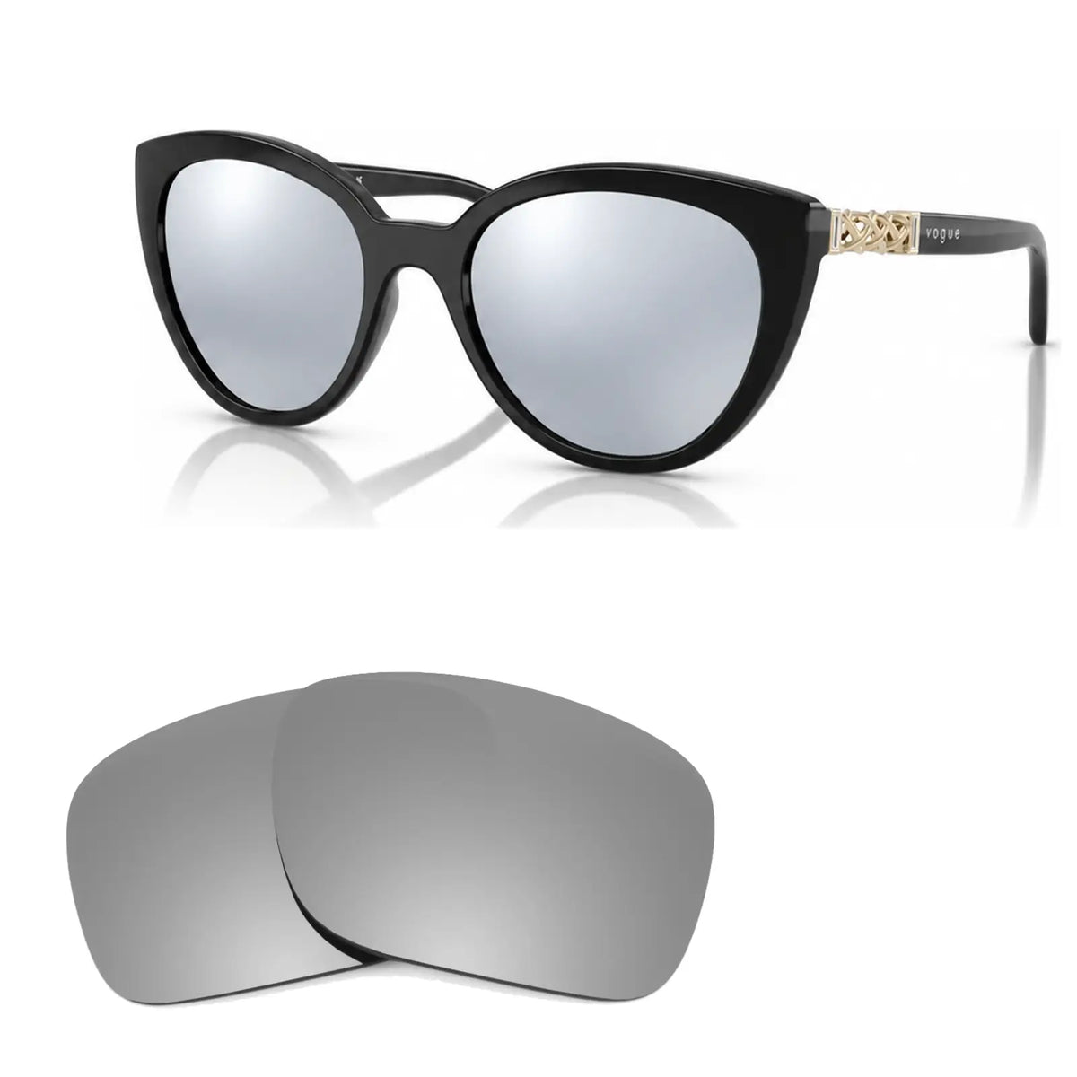 Vogue VO5634SB replacement lenses in mirrored silver, angled view of the frame with the pair of lenses below · ReFramed