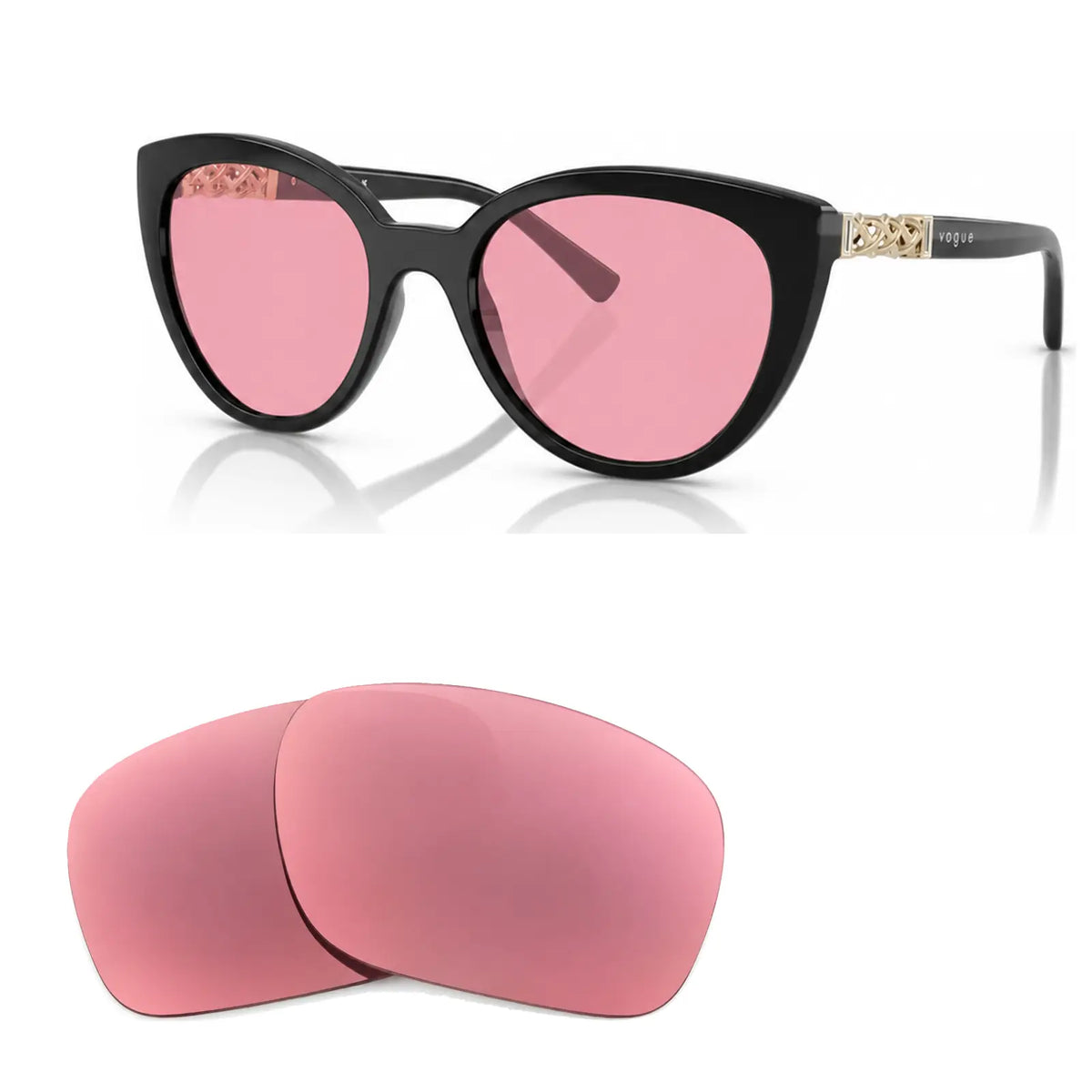 Vogue VO5634SB replacement lenses in pink, angled view of the frame with the pair of lenses below · ReFramed