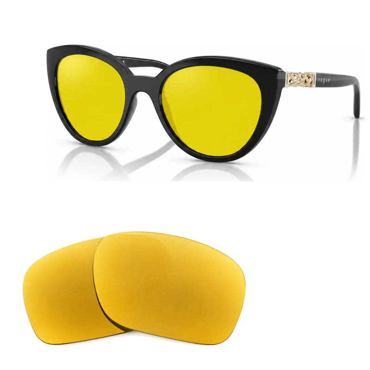 Vogue VO5634SB replacement lenses in yellow, angled view of the frame with the pair of lenses below · ReFramed