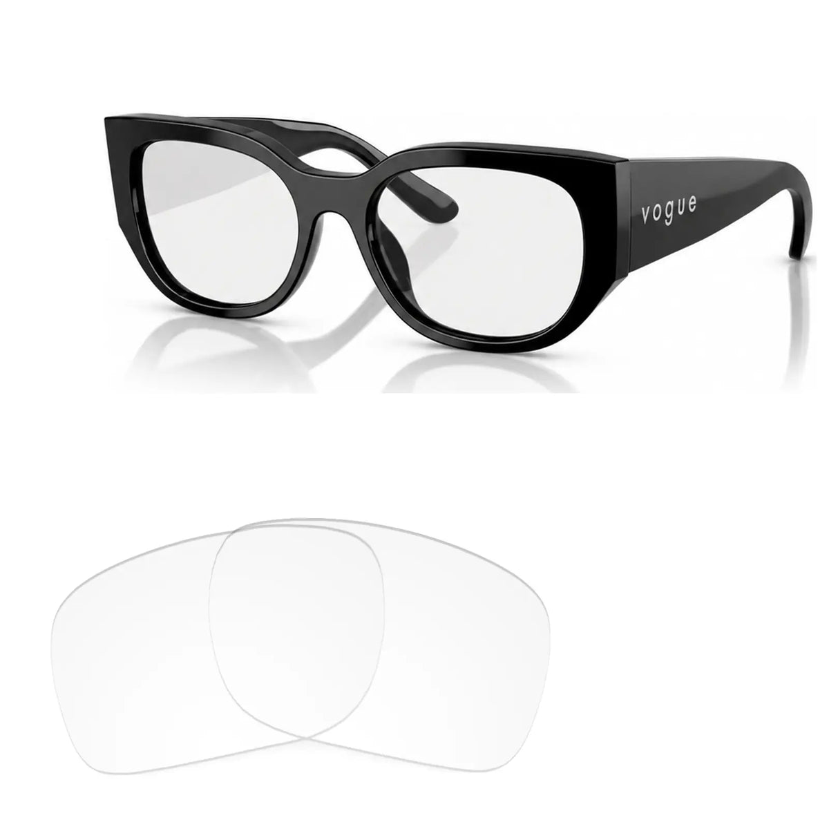 Vogue VO5641SU replacement lenses in crystal clear, angled view of the frame with the pair of lenses below · ReFramed