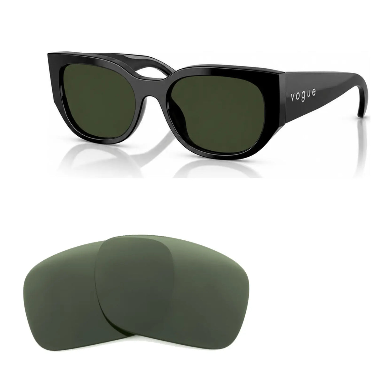 Vogue VO5641SU replacement lenses in G15 green, angled view of the frame with the pair of lenses below · ReFramed