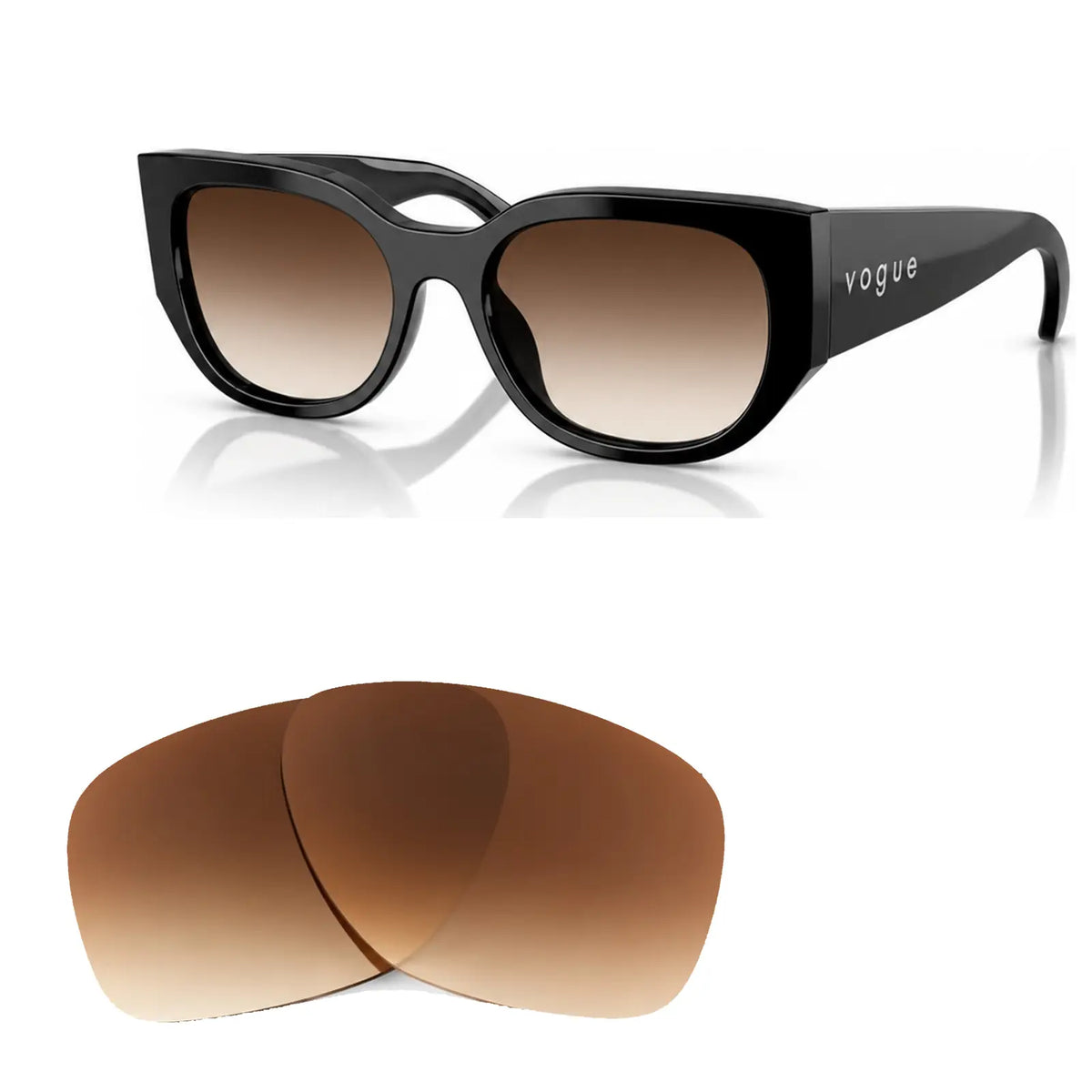 Vogue VO5641SU replacement lenses in gradient brown, angled view of the frame with the pair of lenses below · ReFramed