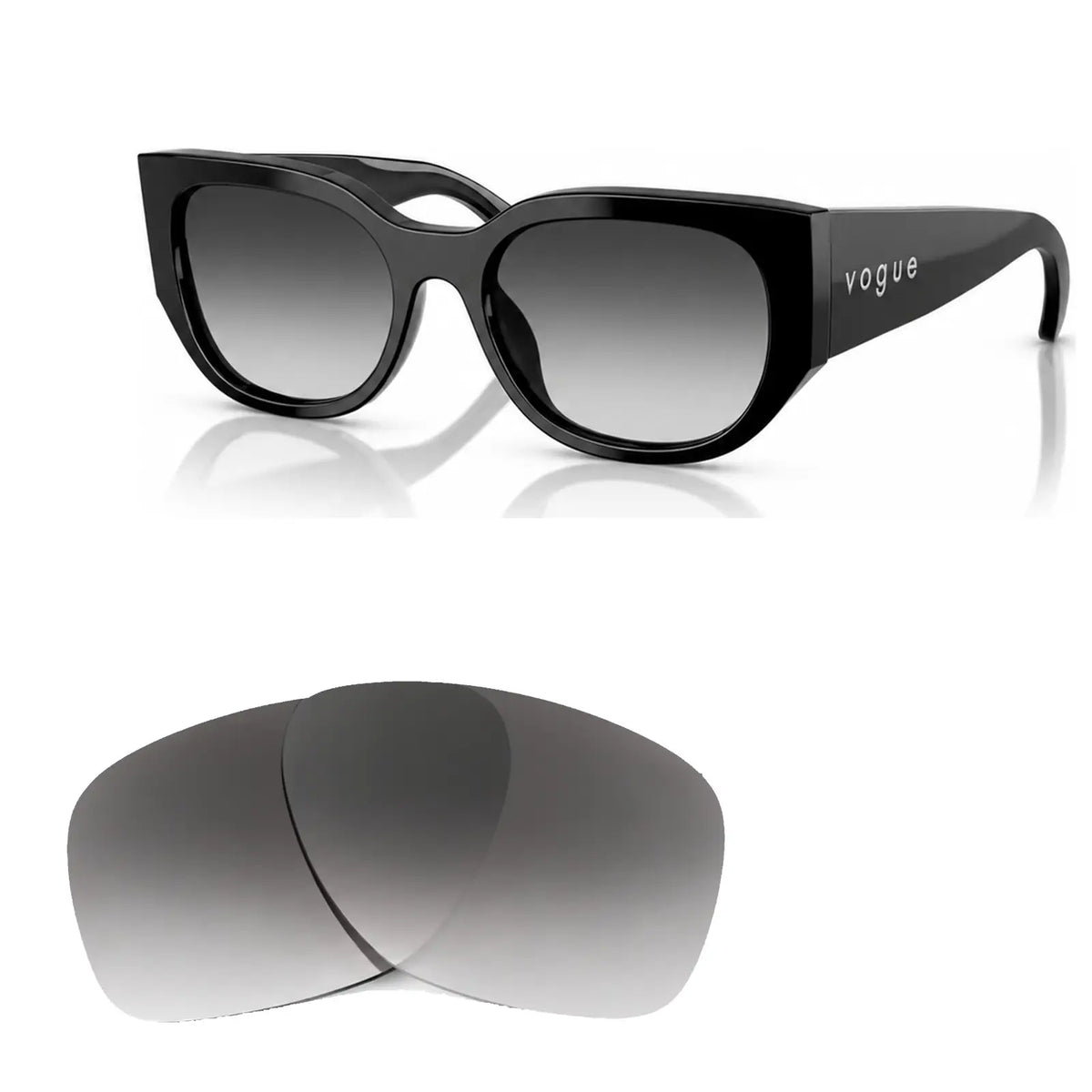 Vogue VO5641SU replacement lenses in gradient gray, angled view of the frame with the pair of lenses below · ReFramed