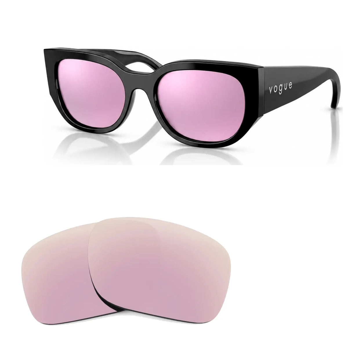 Vogue VO5641SU replacement lenses in mirrored pink, angled view of the frame with the pair of lenses below · ReFramed